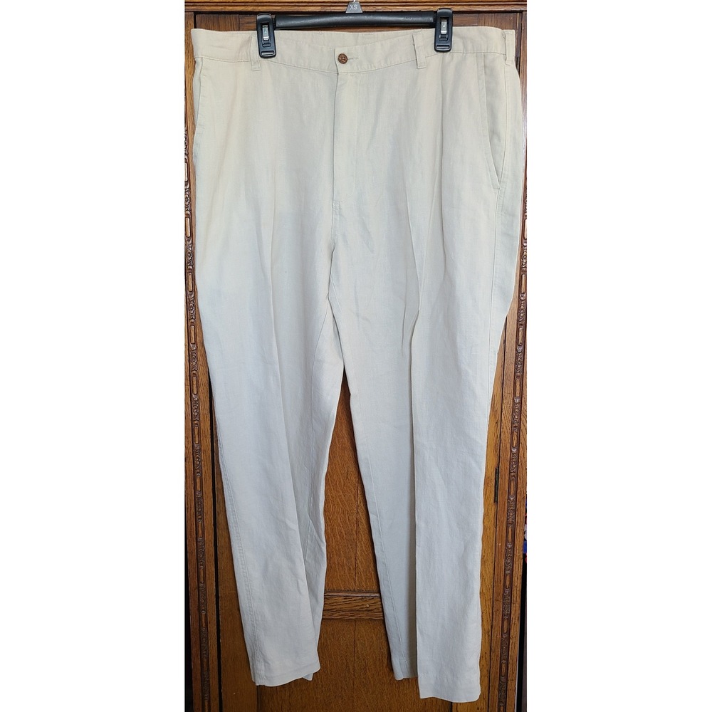 Jos. A. Bank Mens 40x32 Beige 100% Linen Flat Front Straight Leg Dress Pants